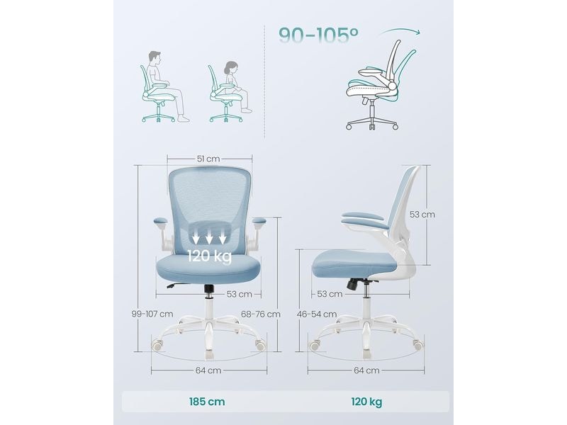 Songmics Bürostuhl mit klappbaren Armlehnen Hellblau Ergonomischer Bürostuhl