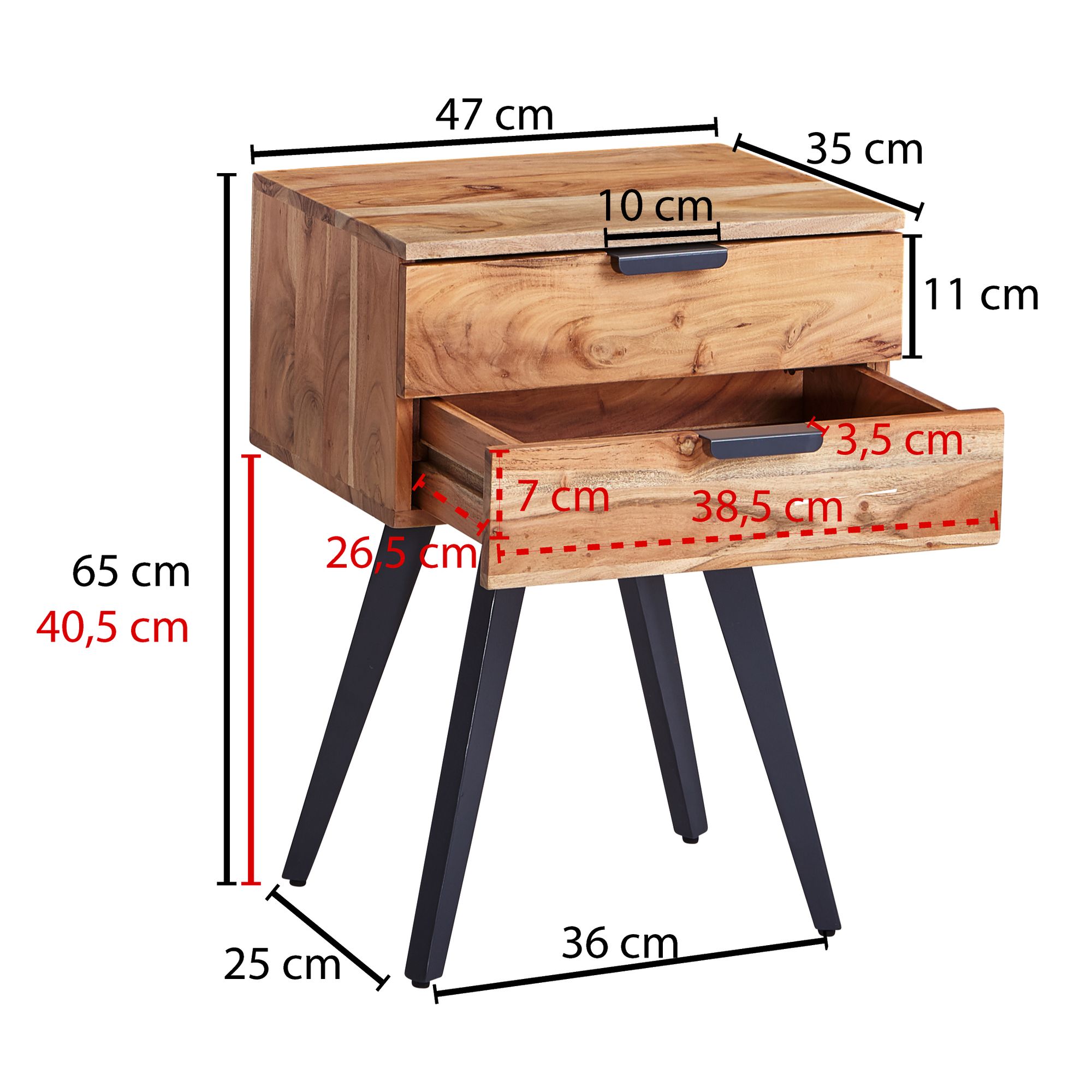 FineBuy Nachtkonsole 47x65x35 cm Akazie Massivholz Nachttisch Boxspringbett