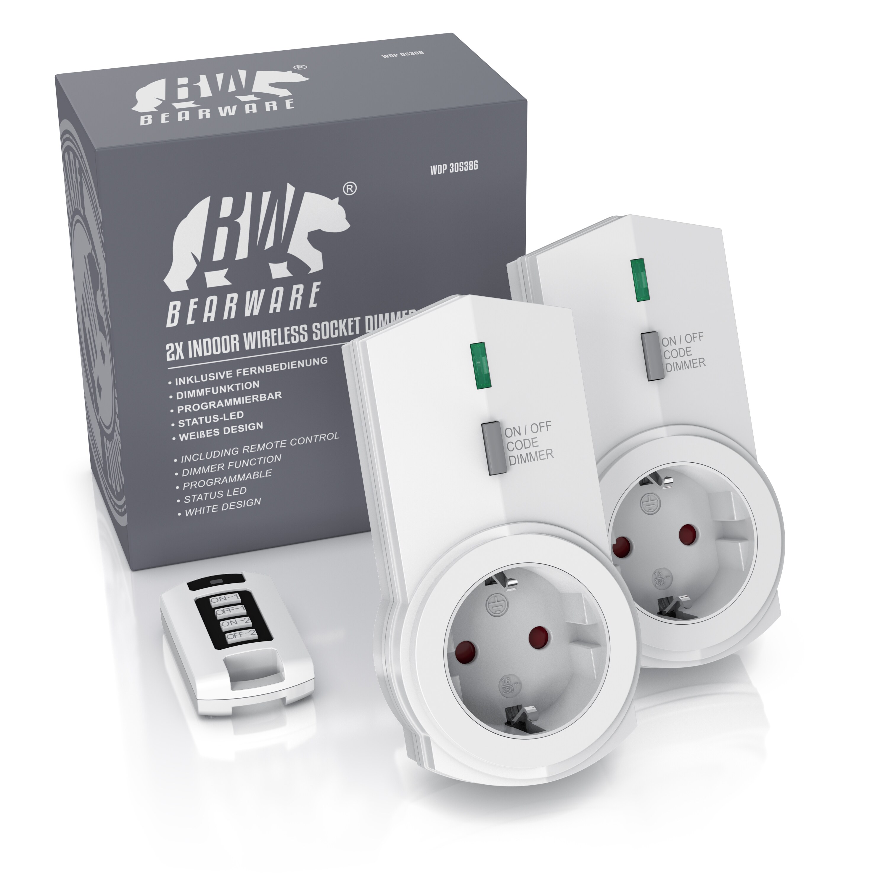 BEARWARE Dimmbare Funksteckdosen - Set mit Fernbedienung - 2er Set für den Innenbereich Indoor + 1 Fernbedienung - LED Statusanzeige