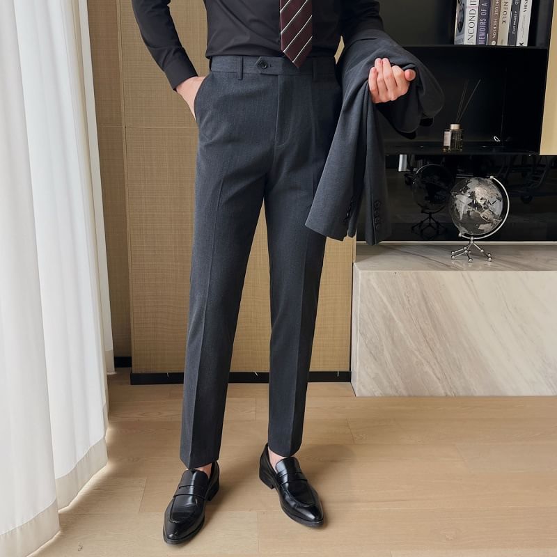 Sheck - Set: effen enkelrijs blazer met piekrevers + V-hals vest + middelhoge rechte broek