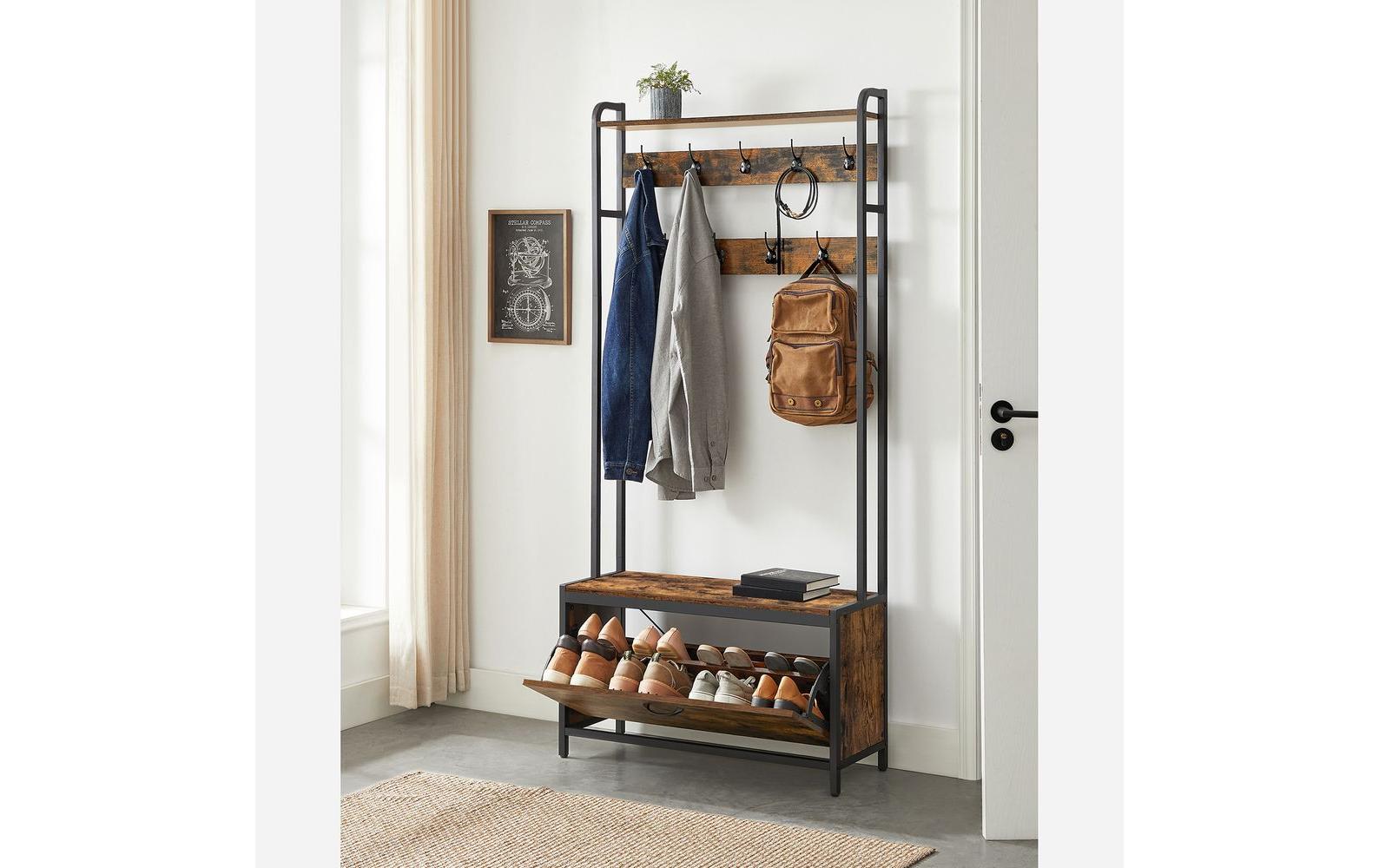 Wandgarderobe 85 cm x 180 cm, Braun/Schwarz<br>Garderobe mit Schuhschrank