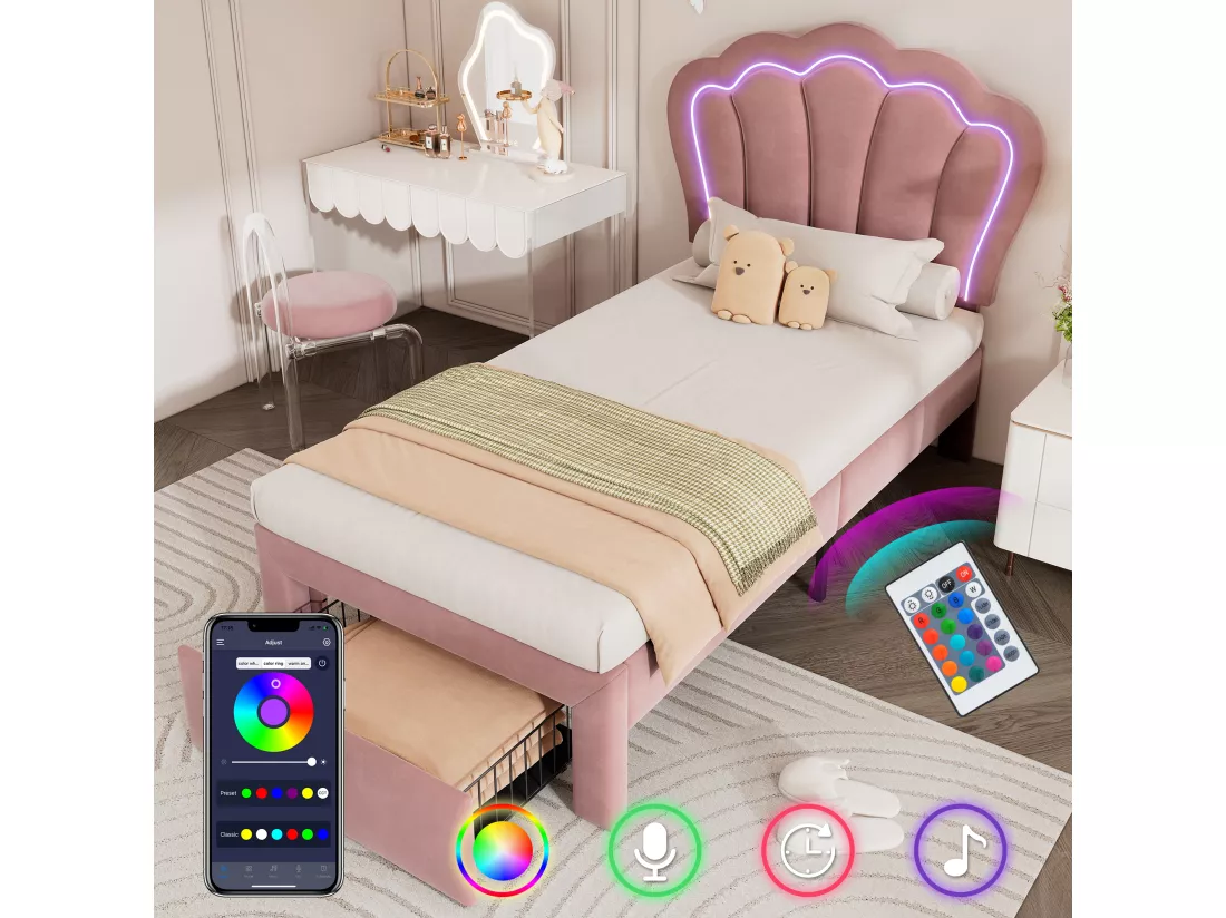 Lit 90x190 cm en velours avec tiroirs et LED de contrôle APP - Rose