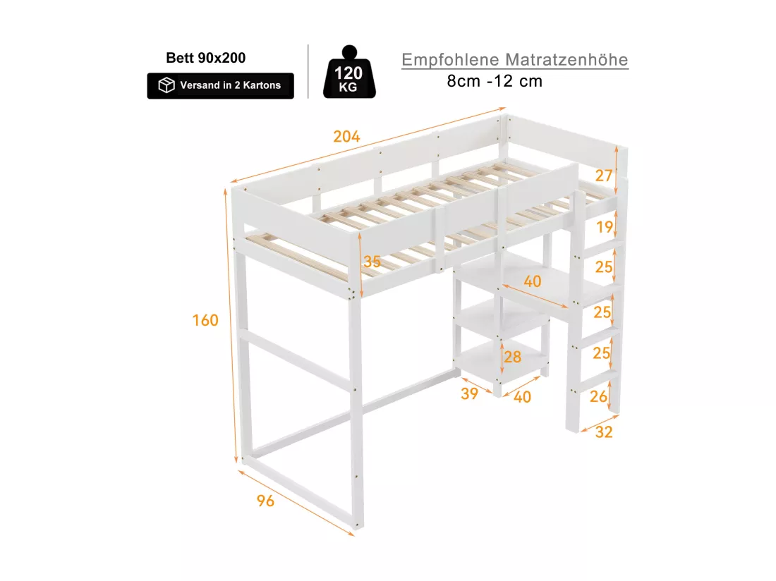 Lit mezzanine 90 x 200 cm avec étagère de rangement pour enfant - bois de pin et MDF - blanc