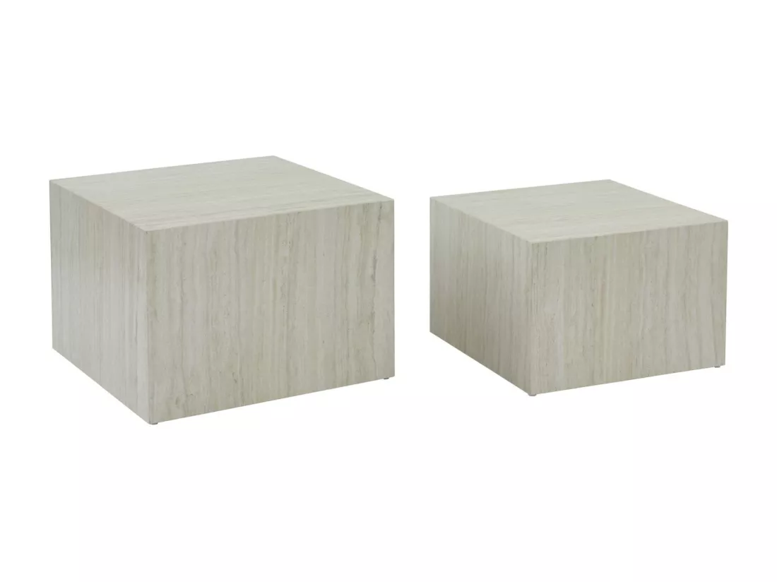 Lot de 2 tables basses effet marbre blanc cassé PAROS. L 58 x l 58 x H 40cm / L 50 x l 50 x H 33cm