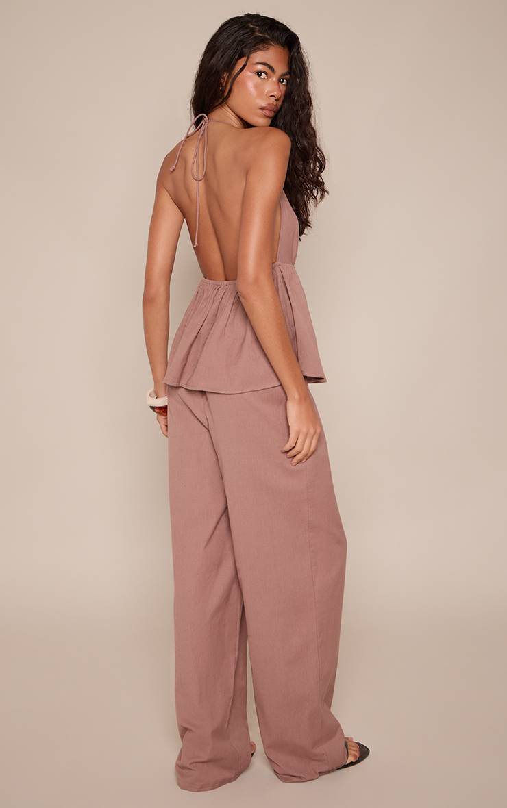 Taupe Combinaison À Col Licou Avec Basque Aspect Lin