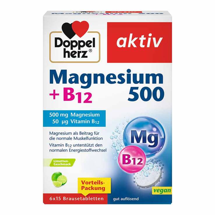 Doppelherz Magnesium 500 + B12 Brausetabletten, 6X15 St