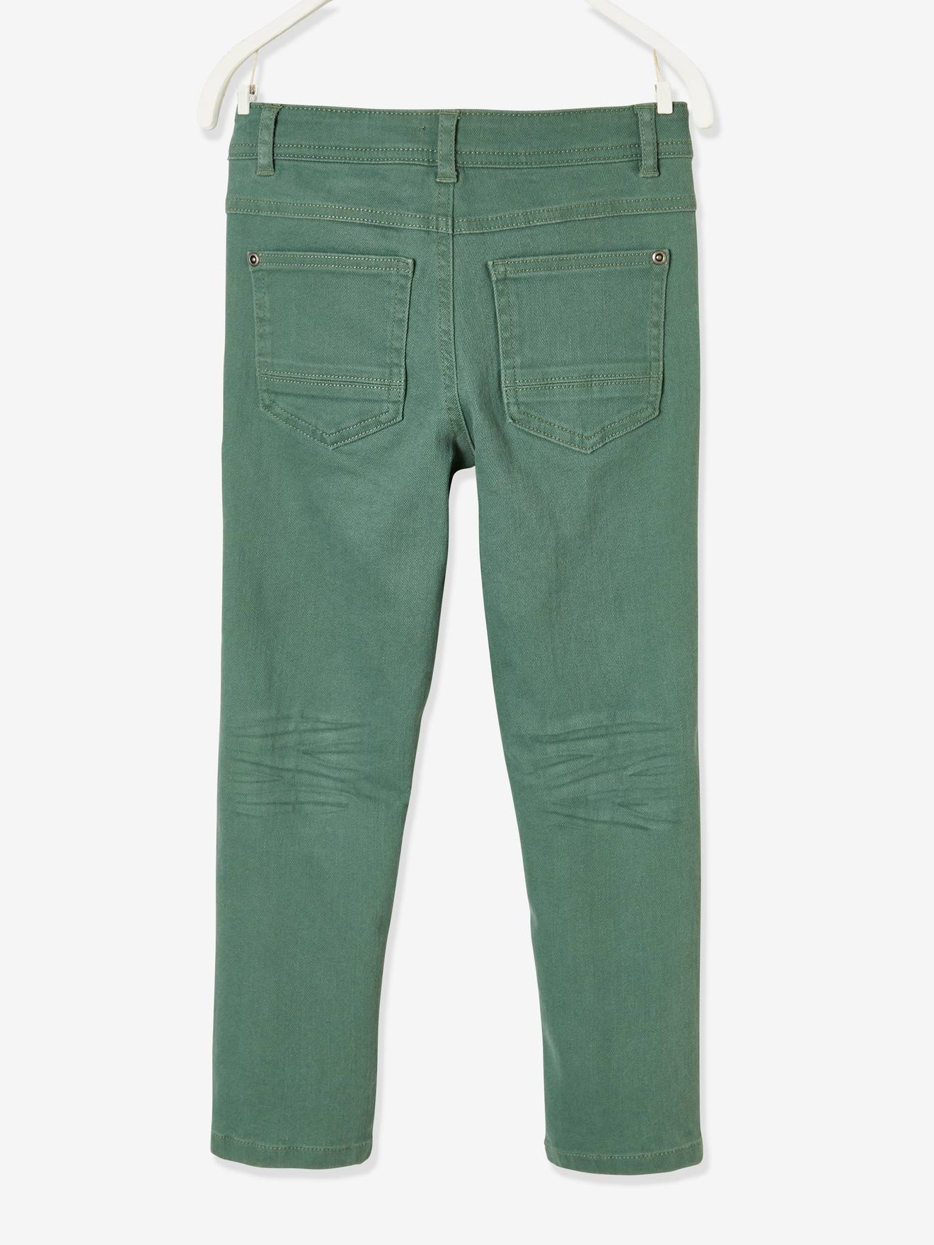 Calças MorphologiK slim-fit, para quadris largos, modelo STRONG, para meninos, verde-escuro liso com estampas.