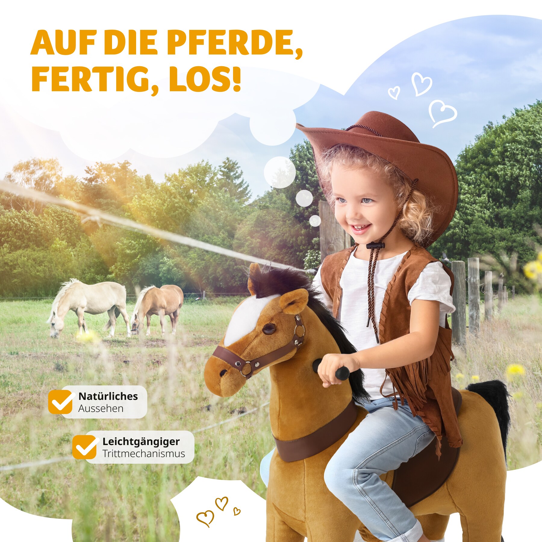 tectake® Schaukelpferd auf Rollen, verschiedene Größen, realistisches Design, leichtgängig, hohe Belastbarkeit, rutschfeste Gummigriffe und -pedale