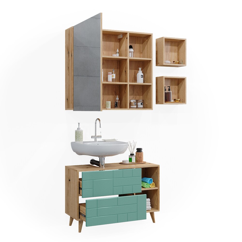 Vicco Badmöbel-Set Rudi in Eiche Evoke Mintgrün, Badezimmer, moderne Badserie Waschbeckenunterschrank Spiegelschrank Wandregal