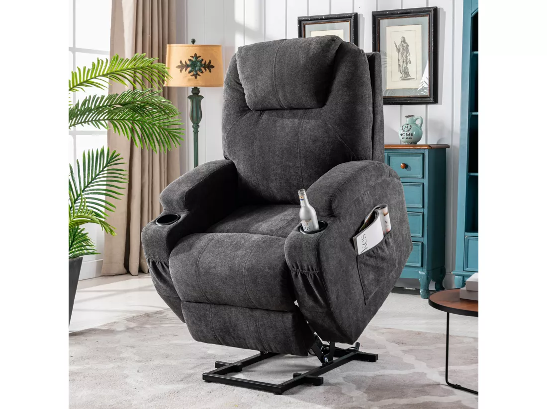 Fauteuil relax électrique avec fonctions de chauffage et de vibration - 2 porte-gobelets et poches latéralles - Gris