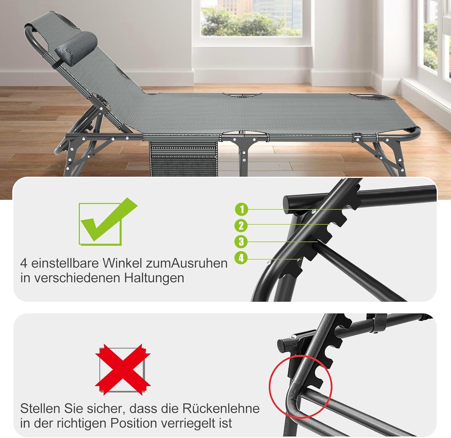 2er Set Klappbar Sonnenliege Gartenliege, 68cm Breite 200kg Loading mit Matratze und Kopfstütze Klappbar Liegestuhl, Geeignet für Balkon, Strande, Garten, Kann als Campingbett und Gästebett