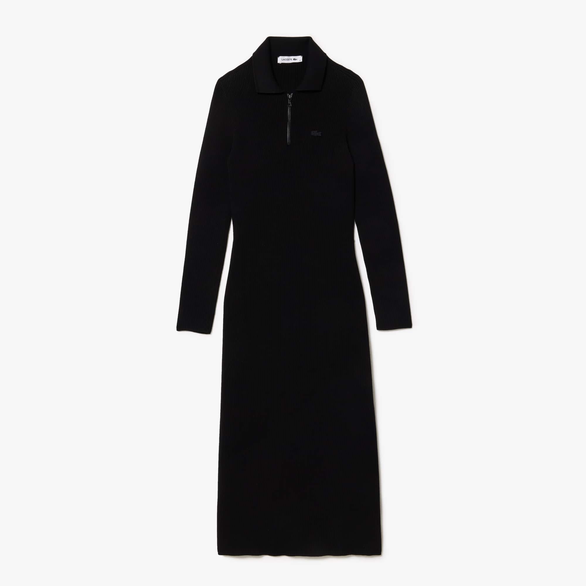 Robe longue col polo en maille côtelée sans couture Robes & Jupes - Noir - Lacoste - Femme