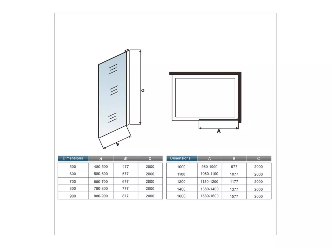 Paroi de douche à l'italienne 40x200cm avec barre de fixation 90cm en carré - Chromé - Verre 8mm trempé transparent