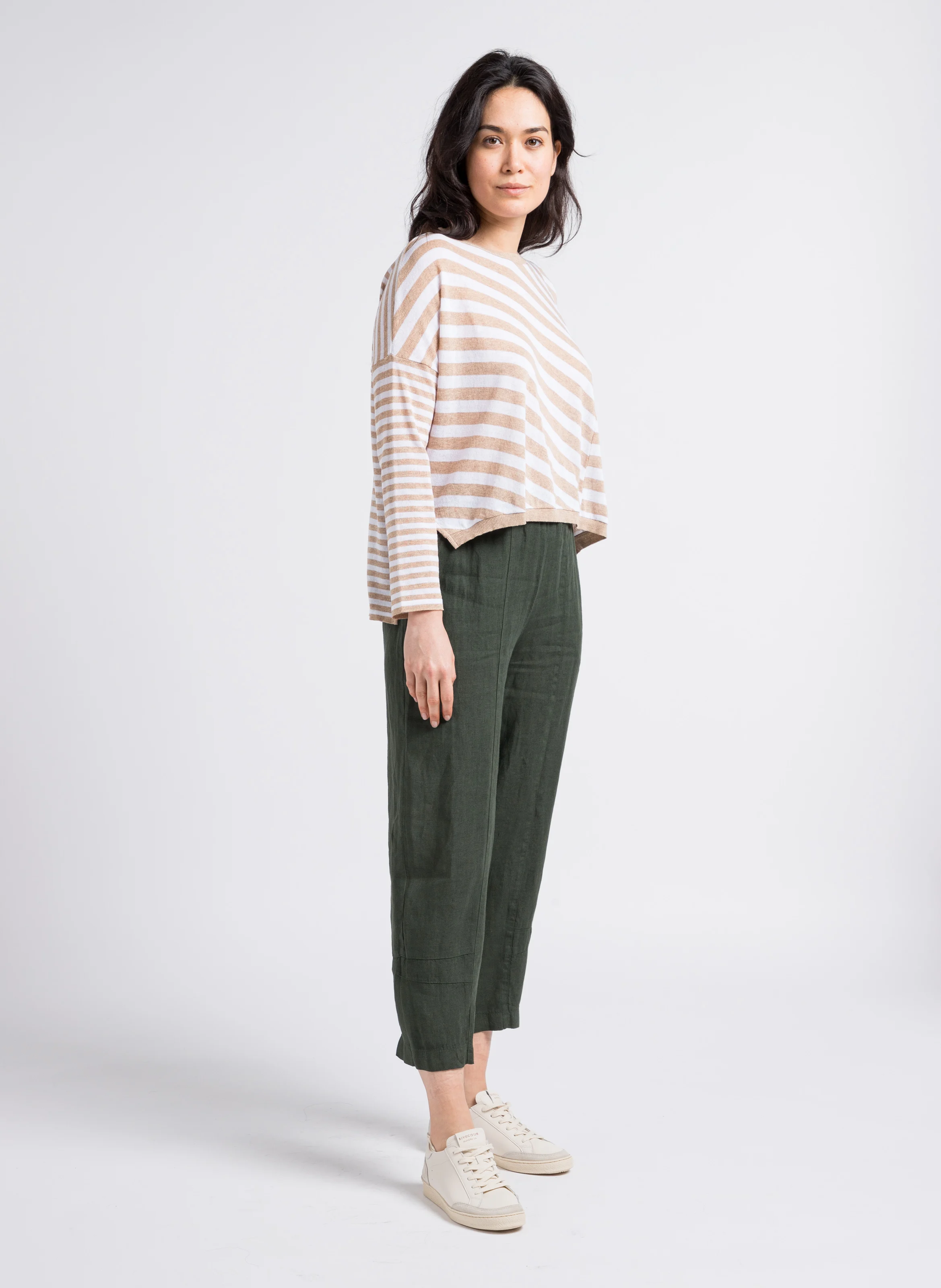 Pantalon droit 7/8ème taille mi-haute en lin | Vert