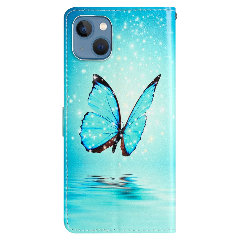 iPhone 15 Leder Tasche mit Kartenfächern - Schmetterlinge (Blau)
