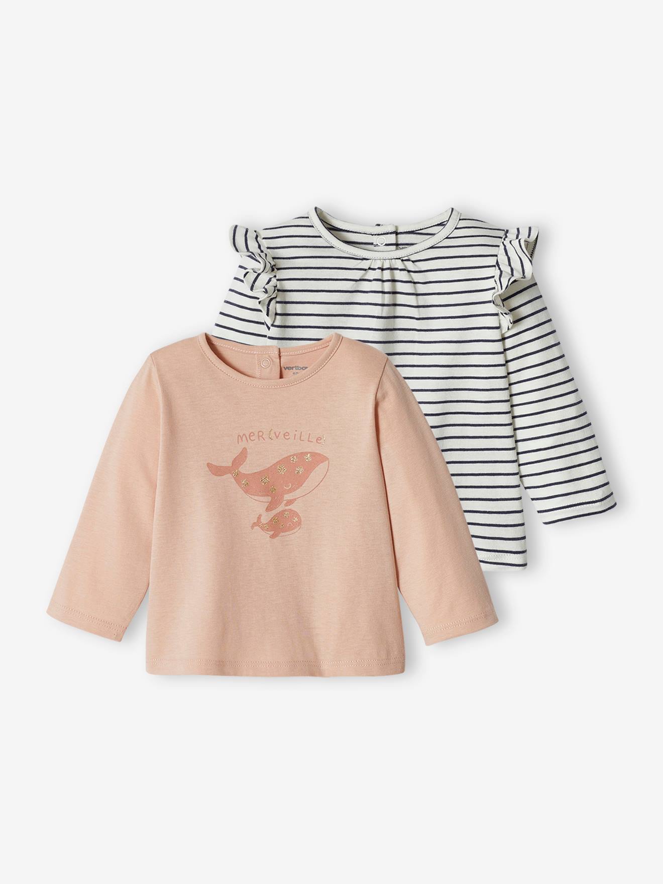 Conjunto de 2 camisetas básicas de manga comprida para bebês na cor amarelo claro.