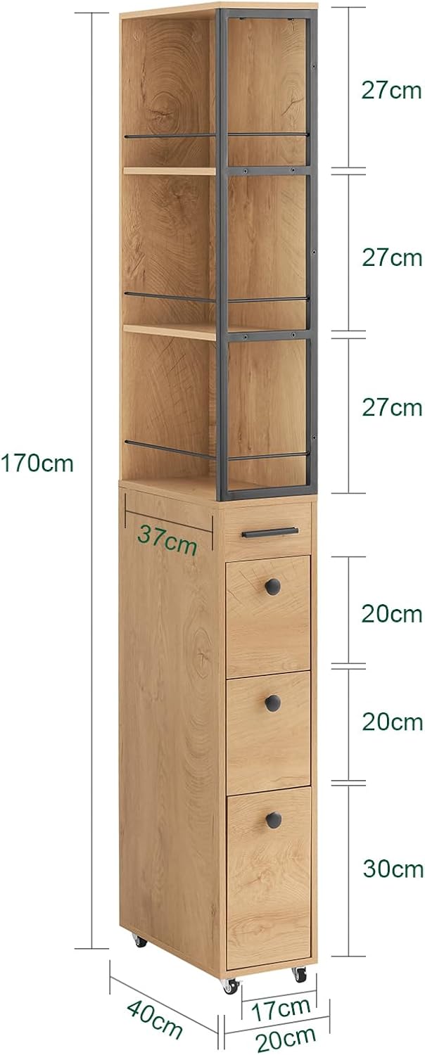 SoBuy Nischenregal mit 3 Schubladen Küchenwagen mit Rollen Badrollwagen Badschrank schmal Nischenwagen Rollwagen Apothekerschrank Schmales Regal für Bad, küche Vintage-Stil B20 x H170 x T40cm NSR13-N