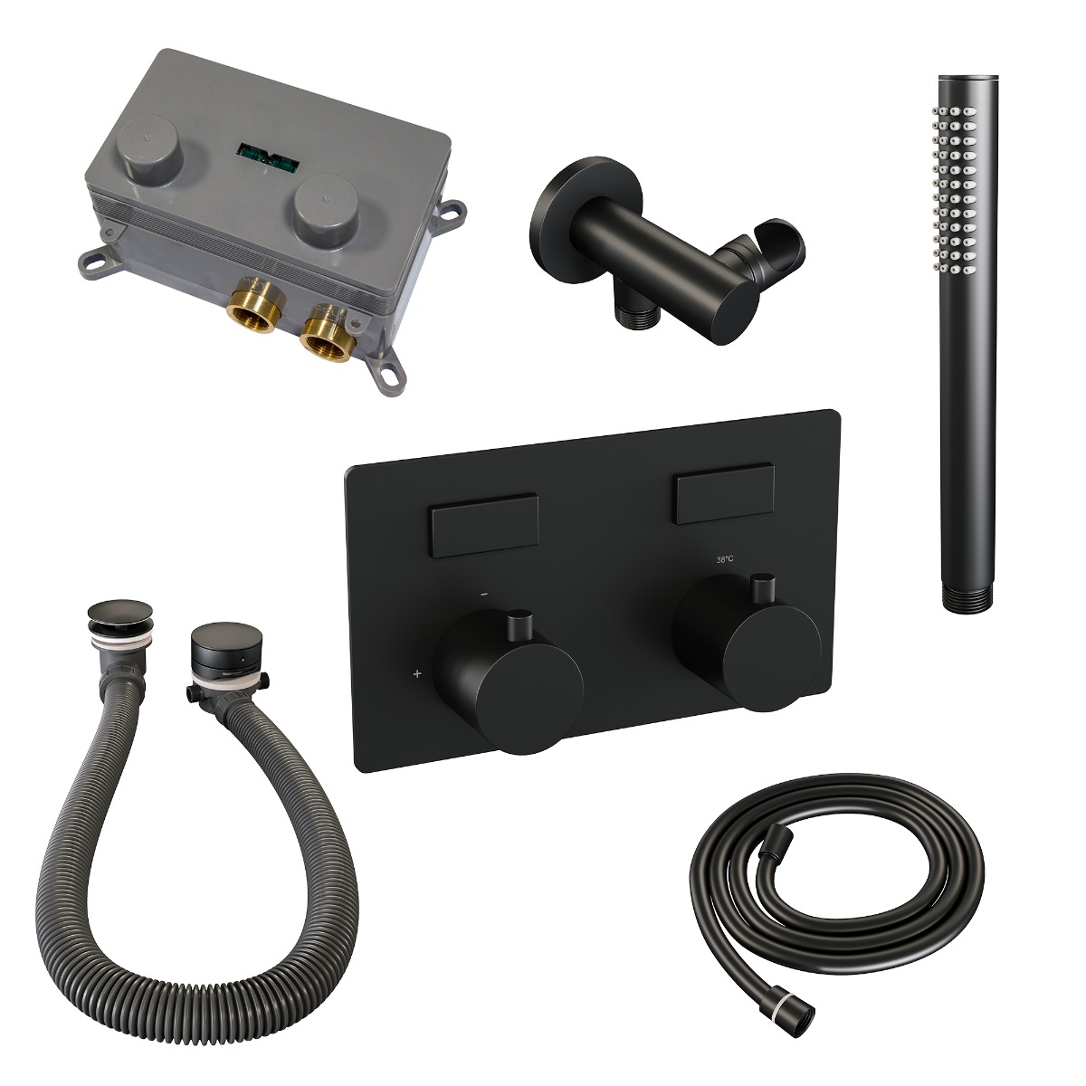 Brauer Black Edition thermostatische inbouw badkraan met badvulcombinatie en staafhanddouche set 3 zwart mat