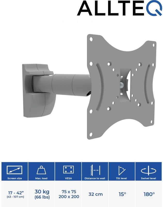 Allteq - Muurbeugel - Zwenkbaar - Kantelbaar - Max 30 kg - 23 t/m 42 inch