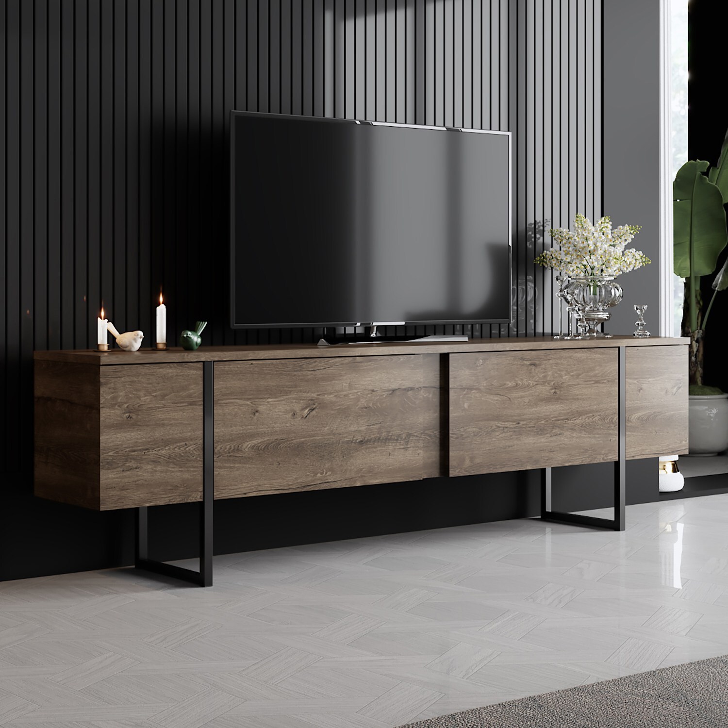 Homtex Moderner TV-Ständer, 180x50x30 cm, Walnuss/Schwarz, Melaminbeschichtet