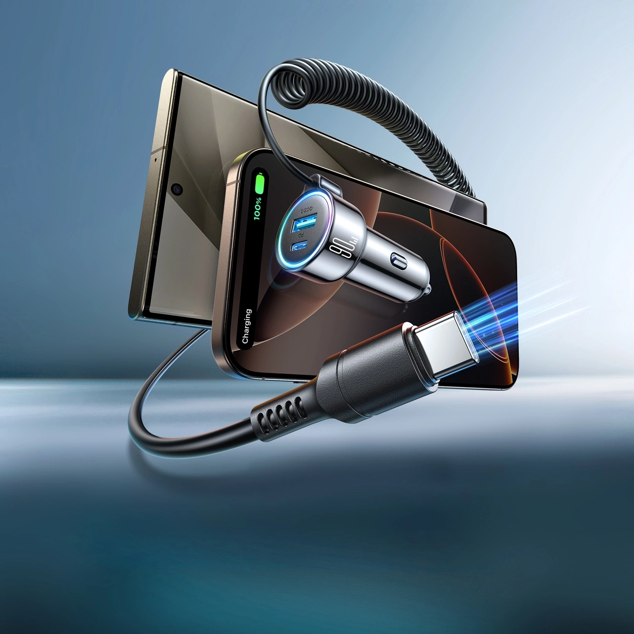 (72W) USB C / USB A Auto KFZ Ladegerät Car Charger für Zigarettenanzünder mit USB C Spiral Ladekabel (JR-CL07) - Schwarz