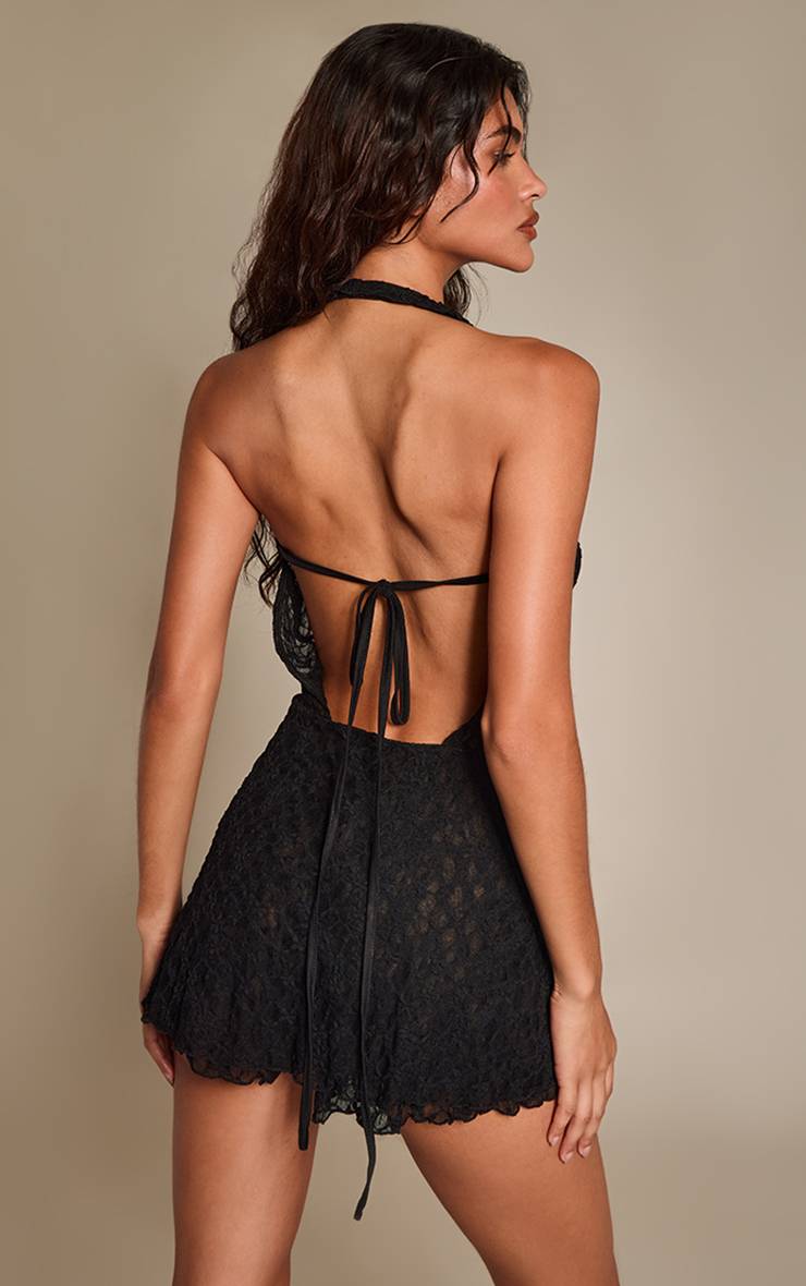 Noir Combi-short Plongeant En Dentelle Texturée Avec Volant