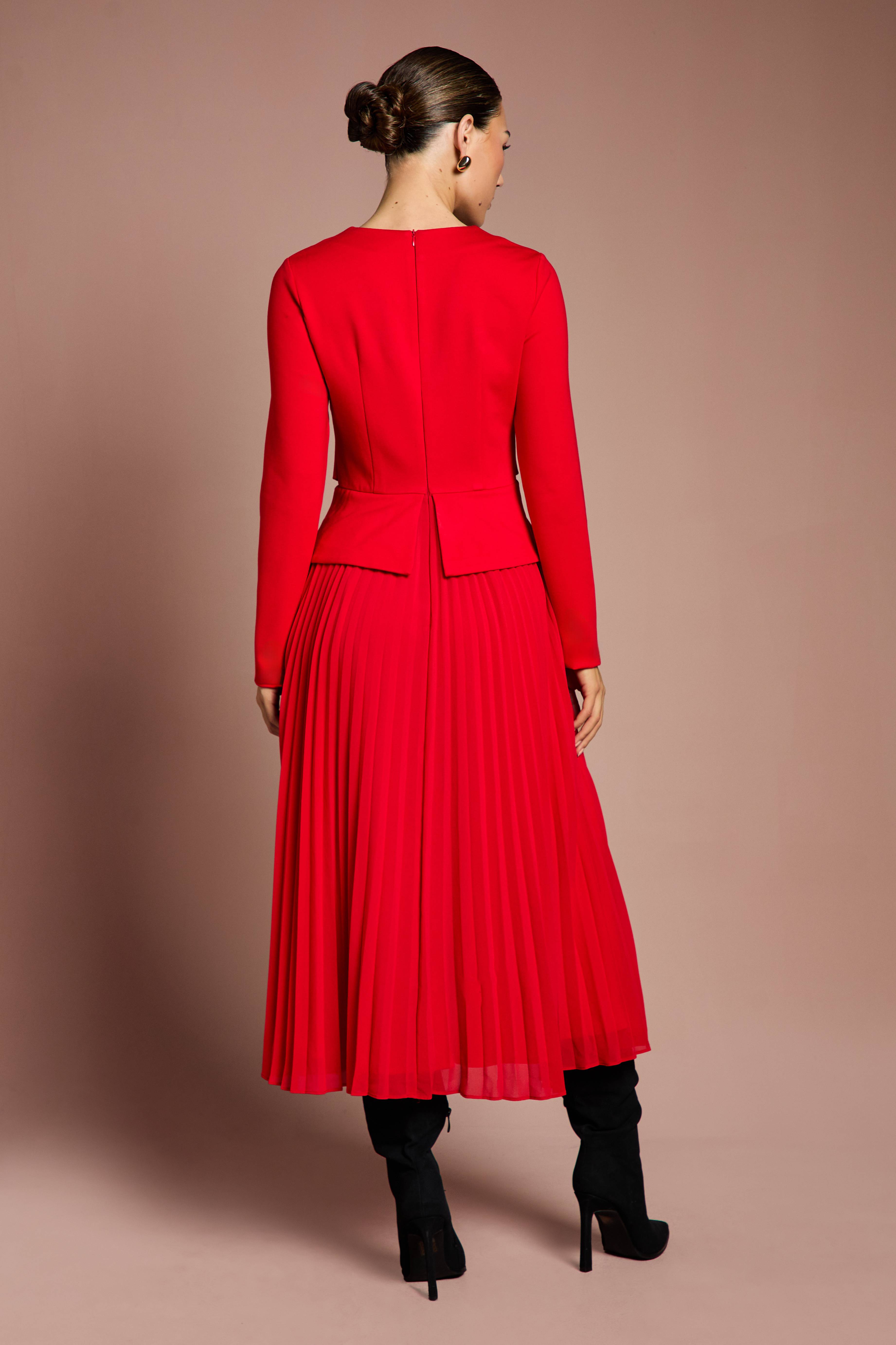 Coast Robe Midi Lisa Tan à Manches Longues avec Corsage en Ponte et Jupe Plissée