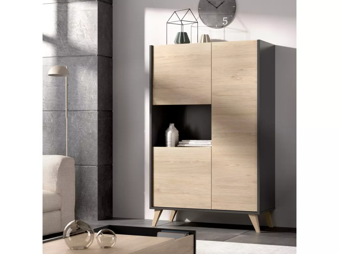 Buffet Damraba, Buffet de salon haut, Buffet de salon moderne avec 3 portes, 81x43h135 cm, Chêne et Anthracite