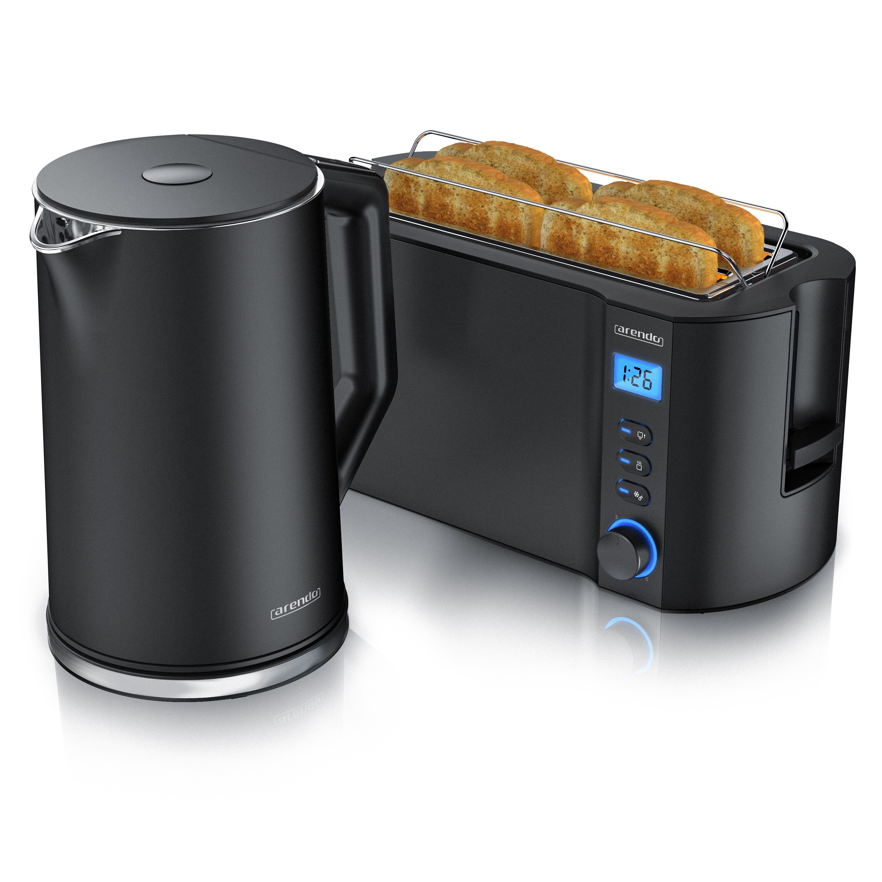Arendo Frühstücksset, Wasserkocher ELEGANT 1,5 Liter, 4-Scheiben Langschlitz Toaster, Schwarz