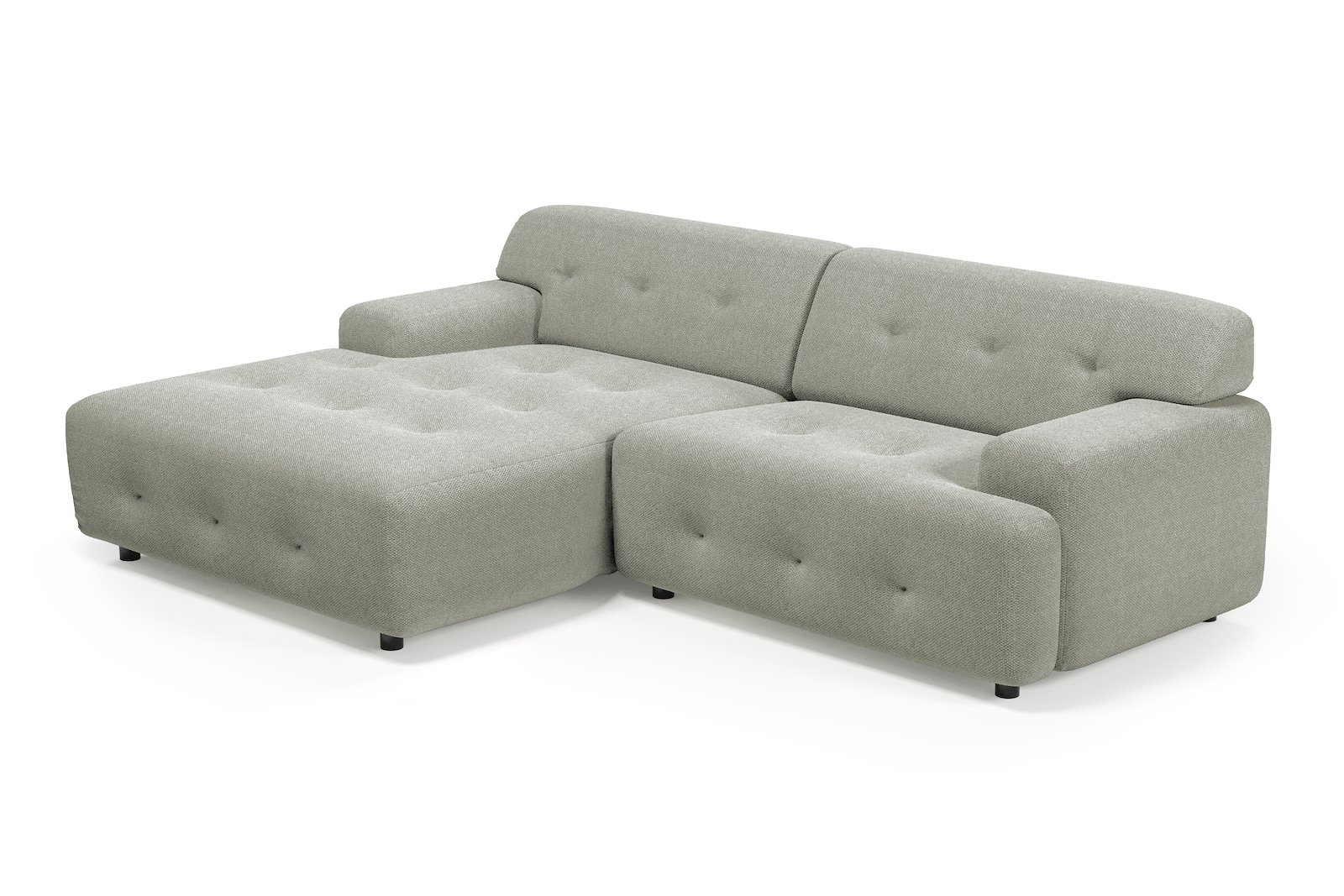 Bob sofa 1,5-seter med sjeselong venstre. Tekstil Mito 180 Light Grey med sorte ben.