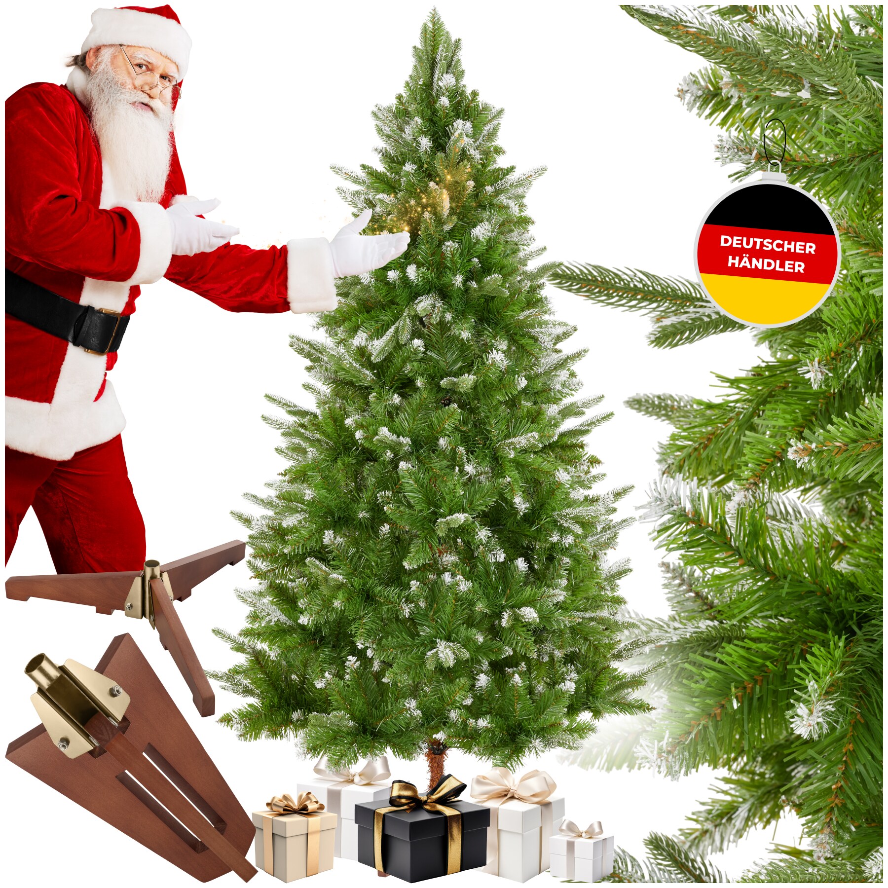 tectake® Weihnachtsbaum, künstlich in Grün, PVC- und Spritzgussnadeln, beschneite Spitzen, formbar mit viel Volumen, klappbarer Baumständer aus Holz, 110 x 180 cm