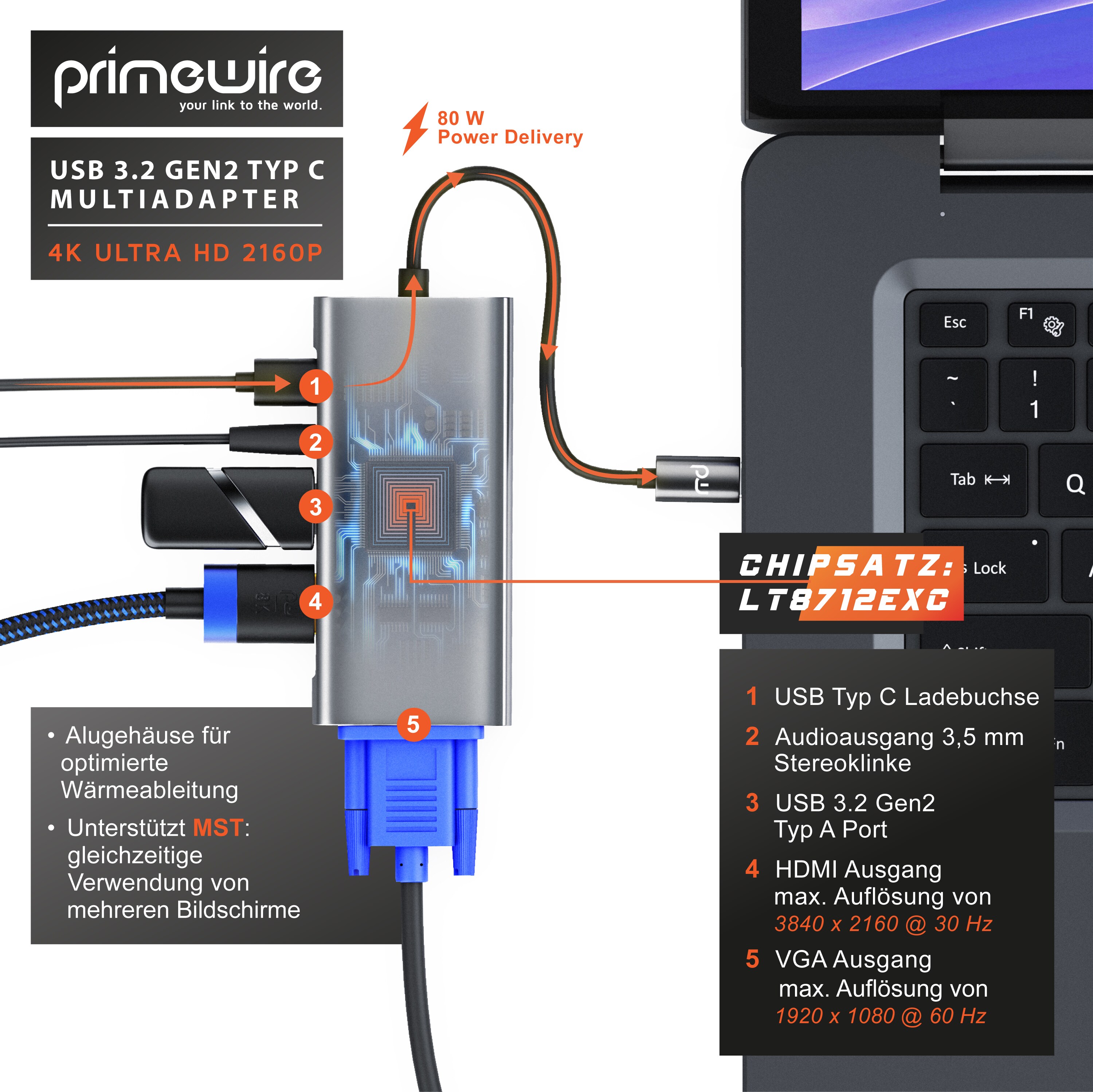 Primewire 5 in 1 USB 3.2 Gen1 Typ C Hub zu VGA Adapter, 4K HDMI + USB Typ A + Typ C PD Ladeport für Macbook Laptop etc.