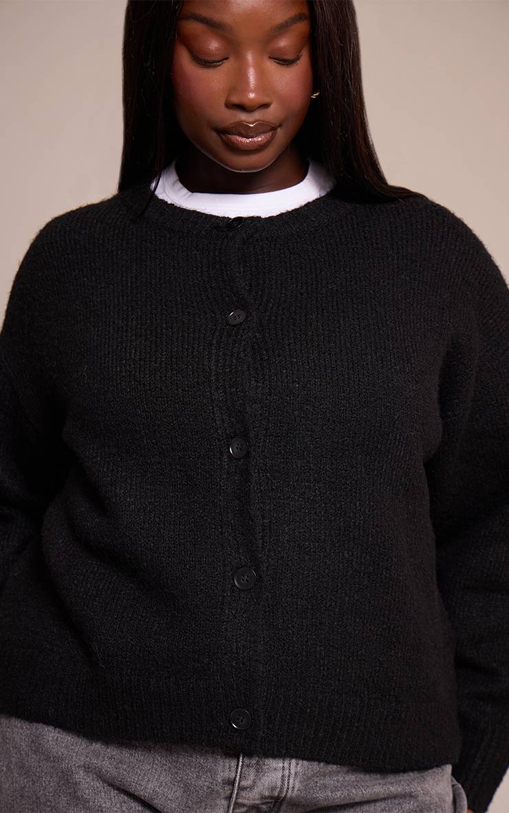 Noir Gilet Grande Taille Col Rond À Détails Oversize Et Maille Brossée