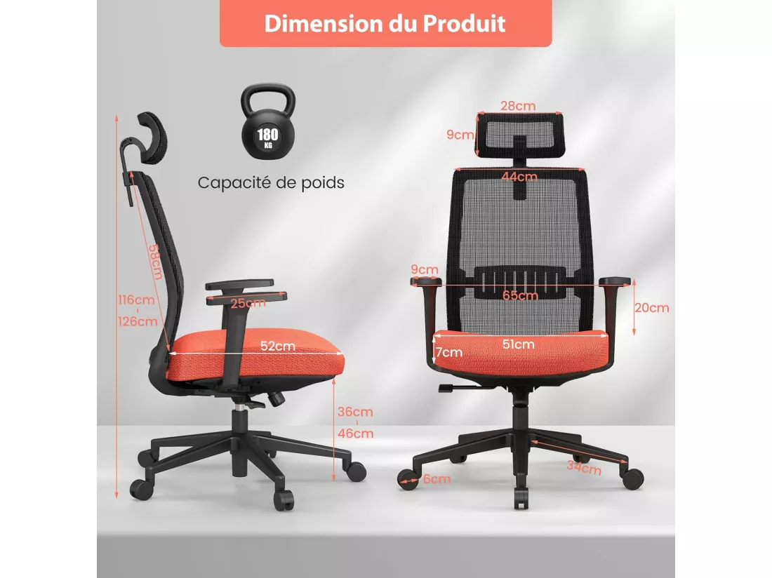 Chaise de Bureau Ergonomique, Réglable en Hauteur, Dossier Respirant, Soutien Lombaire, Appui-Tête 3D Confortable, pour Bureau, Étude, Salle de Conférence