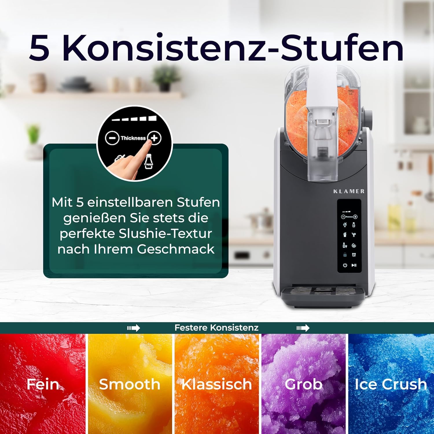 KLAMER Slush Maschine, mit 5 voreingestellten Programmen: Slushie, Cocktail, Milchshake, Frappé, Wein, Automatische Reinigung, 2L Fassungsvolumen, Turbo Freeze, kein Eis erforderlich