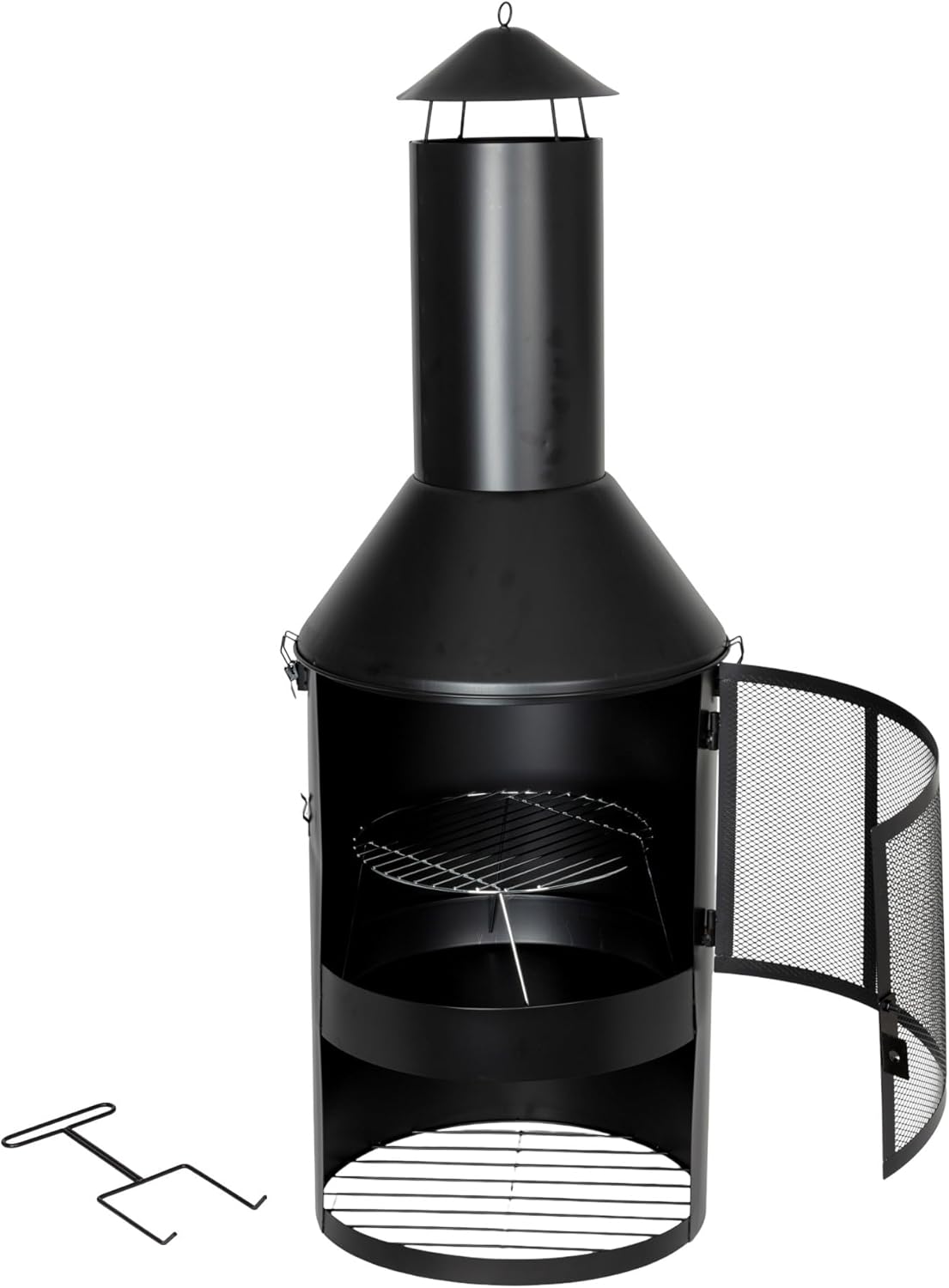 BURI Garten- und Terrassenkamin 134x45cm pulverbeschichtet Gartengrill Gartenkamin Feuerstelle Grill Grillrost Holzkohlegrill Kamin Outdoor Grillkamin Ofen Kaminofen für außen mit Gabel und Holzlager
