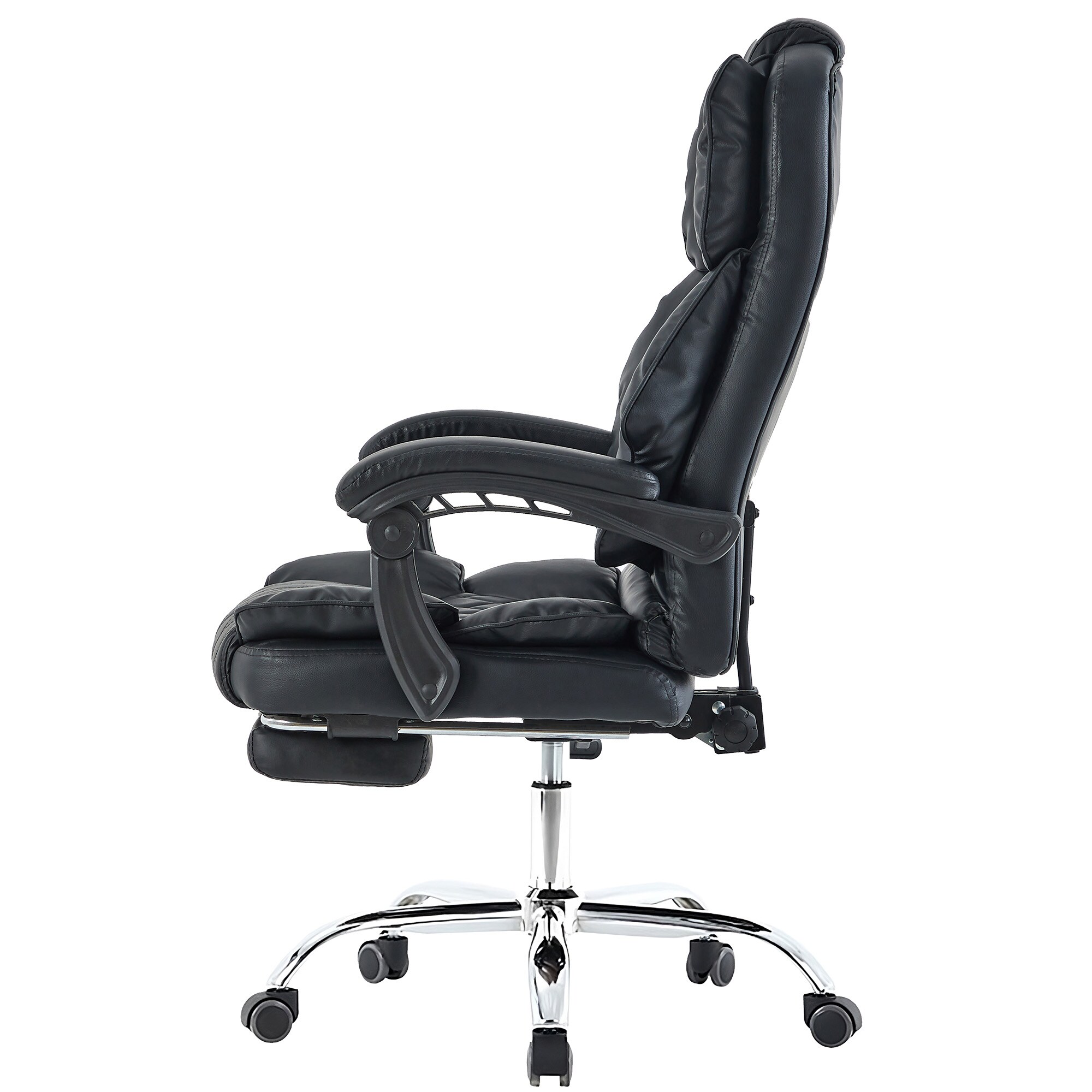 Bürostuhl mit Fußstütze und flexiblen 3-Punkt-Armlehnen - Schreibtischstuhl in Lederoptik mit Chrom-Base - ergonomischer Bürostuhl mit verstellbarer Rückenlehne