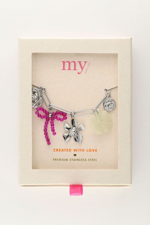Bedelarmband met schakel en multikleur bloemen bedels
