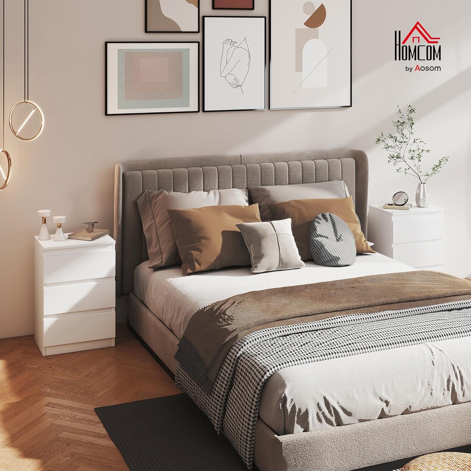 HOMCOM Nachttisch, 2er Set Beistelltisch mit 3 Schubladen, Nachtschrank, Nachtkommode für Schlafzimmer, Wohnzimmer, 40 x 30 x 59,5 cm, Weiß