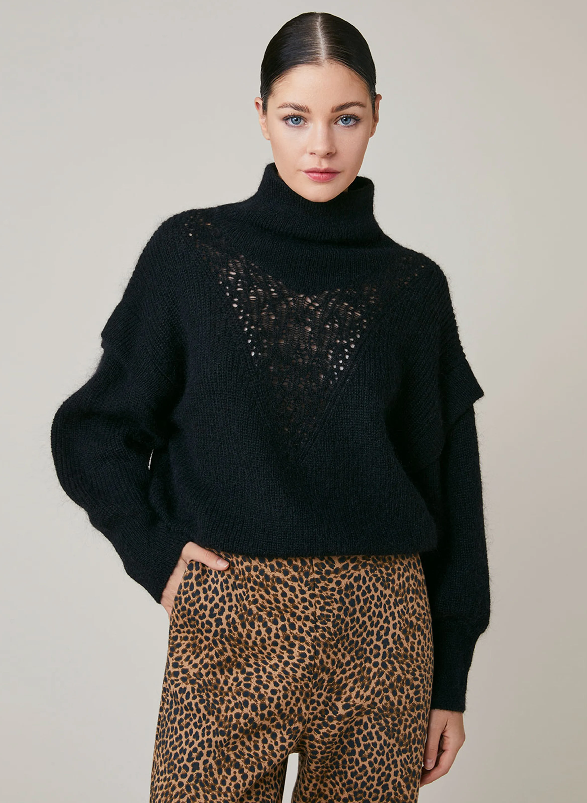 ELISABETH - Pull ample ajouré en laine mélangée | Noir