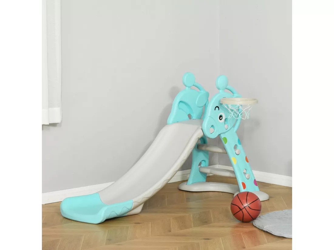 Toboggan enfant avec panier de basket-ball usage intérieur et extérieur dim. 140 x 87 x 75 cm bleu et gris