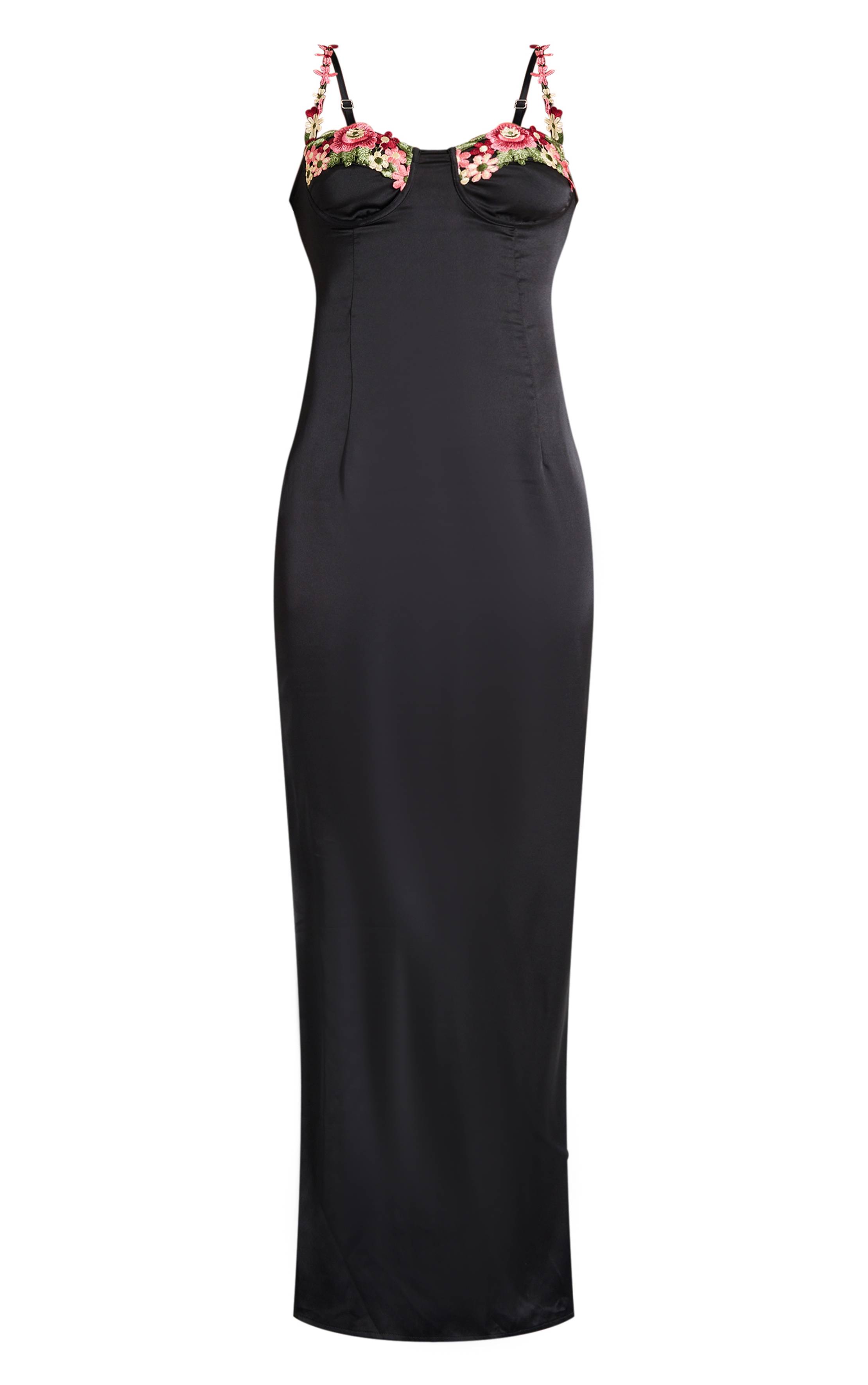 Noir Robe Longue Satinée À Bretelles Avec Appliqués Floraux Et Armatures