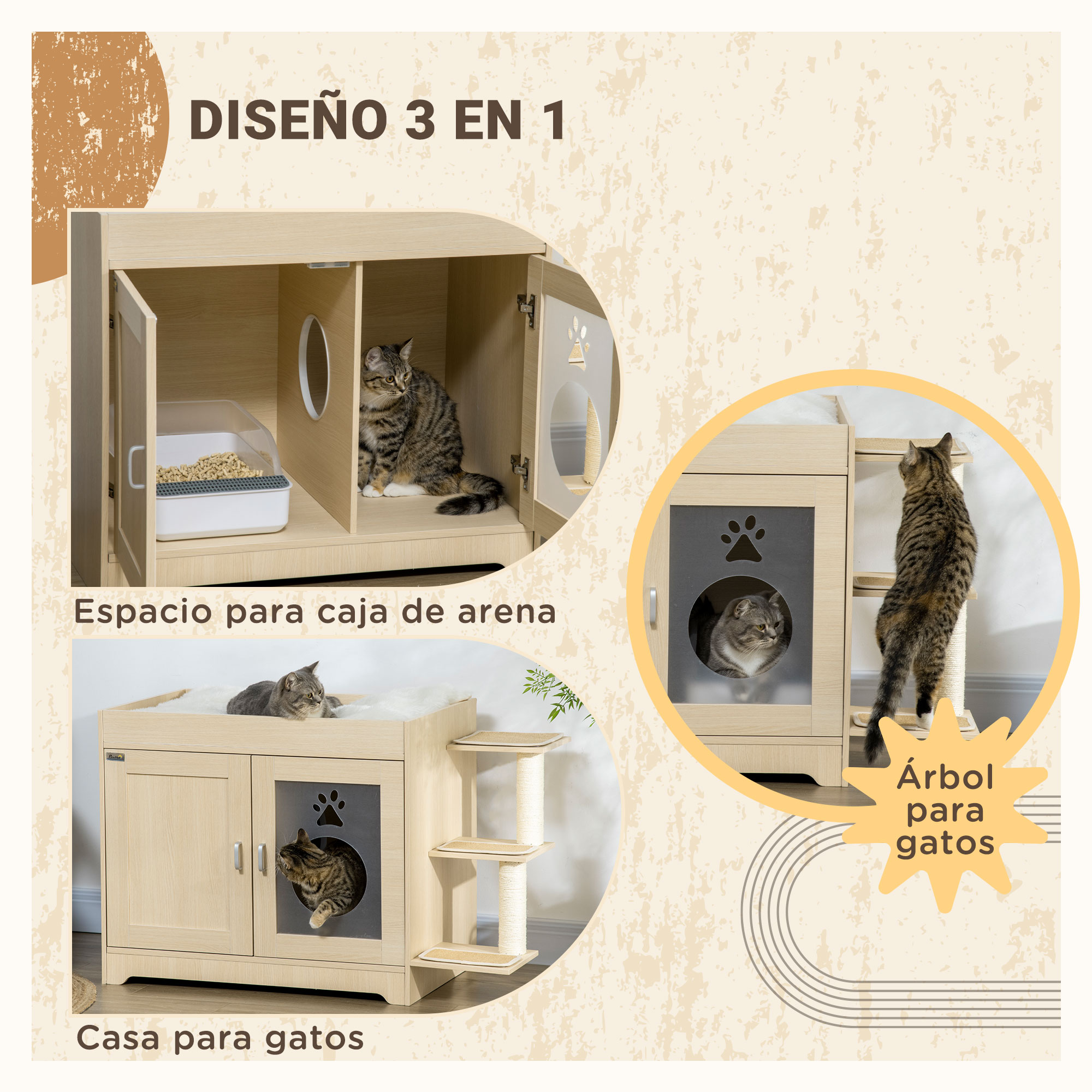 Caixa de areia de madeira PawHut para gatos com 2 portas, armário para areia com cama almofadada macia, 3 plataformas e postes de sisal, 107x54x70 cm, carvalho.