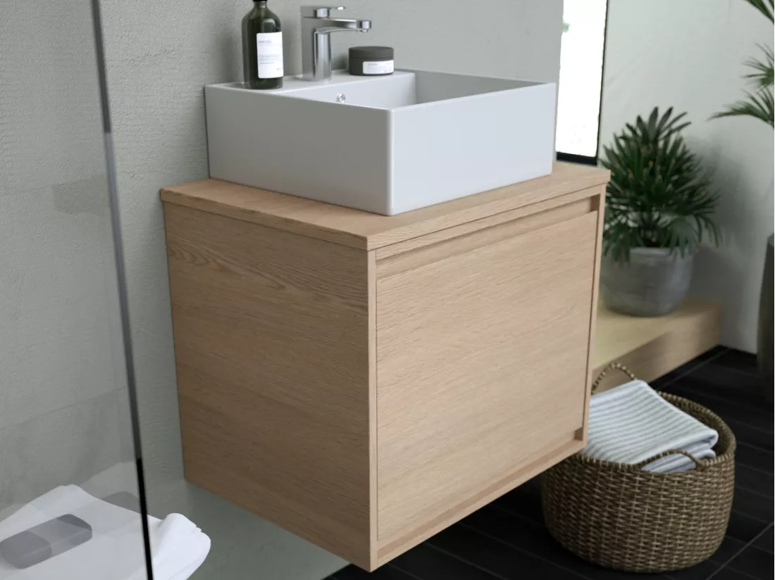 Meuble de salle de bain suspendu avec vasque à poser en céramique - Placage chêne - 60 cm - MESLIVA
