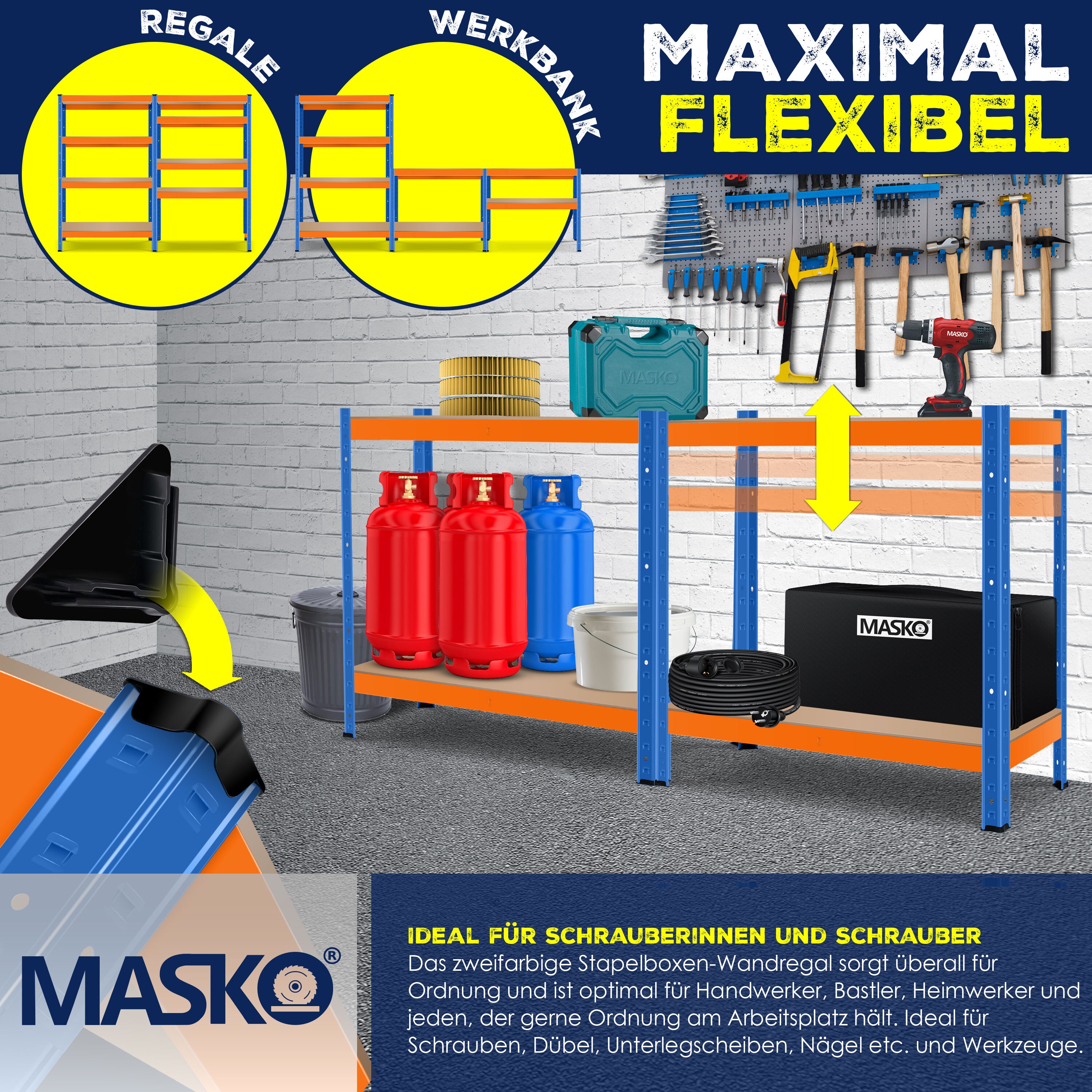 MASKO® 2er-Set Lagerregal Schwerlastregal, Kellerregal , bis 875 kg belastbar, 5 verstellbare Ablagen, MDF-Platten Regal aus Metall, Steckregal, Werkstattregal, Keller, Garage