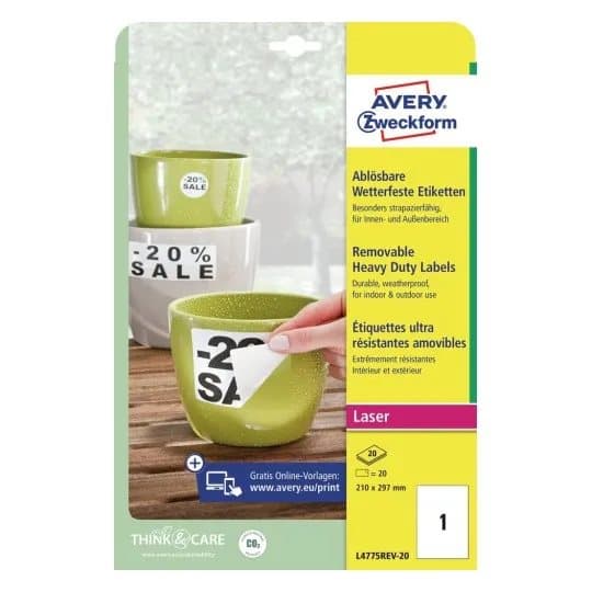 Avery Zweckform L4775REV - Polyester - matt - fjernbart selv-adhesiv - hvit - A4 (210 x 297 mm) 20 etikett(er) filmetiketter