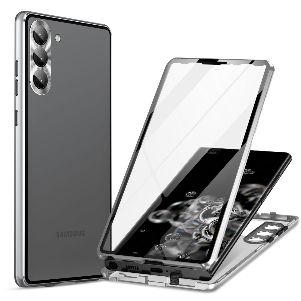 Samsung Galaxy S23 5G Magnetische Alu Schutzhülle mit Panzer Glas Backcover   Display- / Kameraglasschutz (Verschlussmechanismus) - Silber