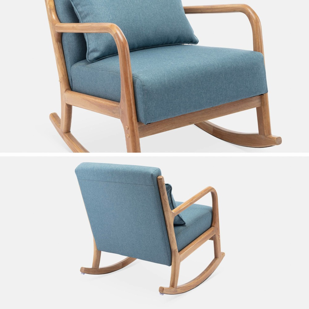 Fauteuil à bascule design en bois et tissu. 1 place. Rocking chair scandinave. Bleu
