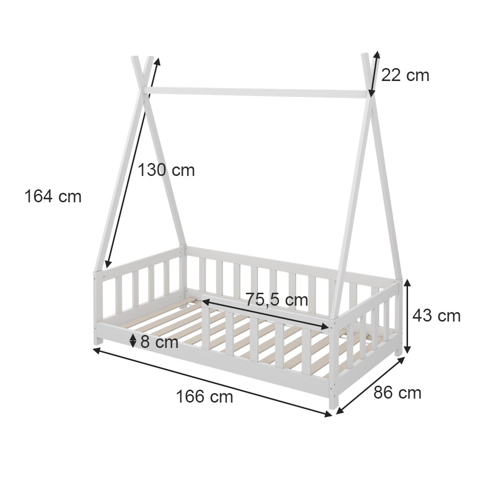 Vitalispa Kinderbett Tipibett Einzelbett Susanna Weiß 160 x 80 cm modern Kinderzimmer Bett Lattenrost Rausfallschutz
