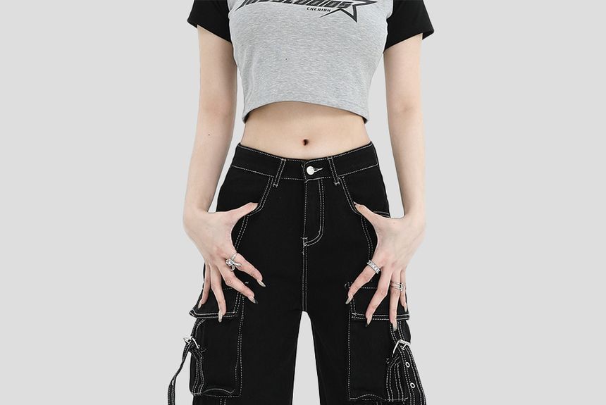 INStudio - Cargojeans met hoge taille en contrasterende bies, losse pasvorm en rechte pijpen
